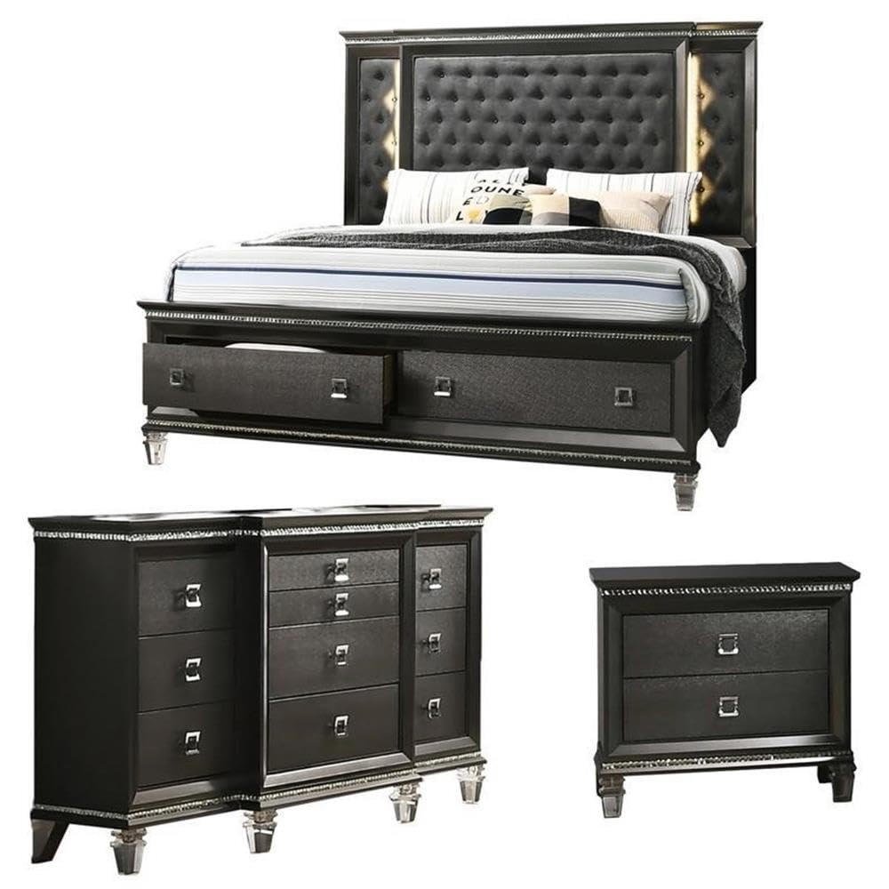 Best Quality Furniture Bellagio 3Pc Queen Bed + Dresser + Nightstand, Metallic Gray