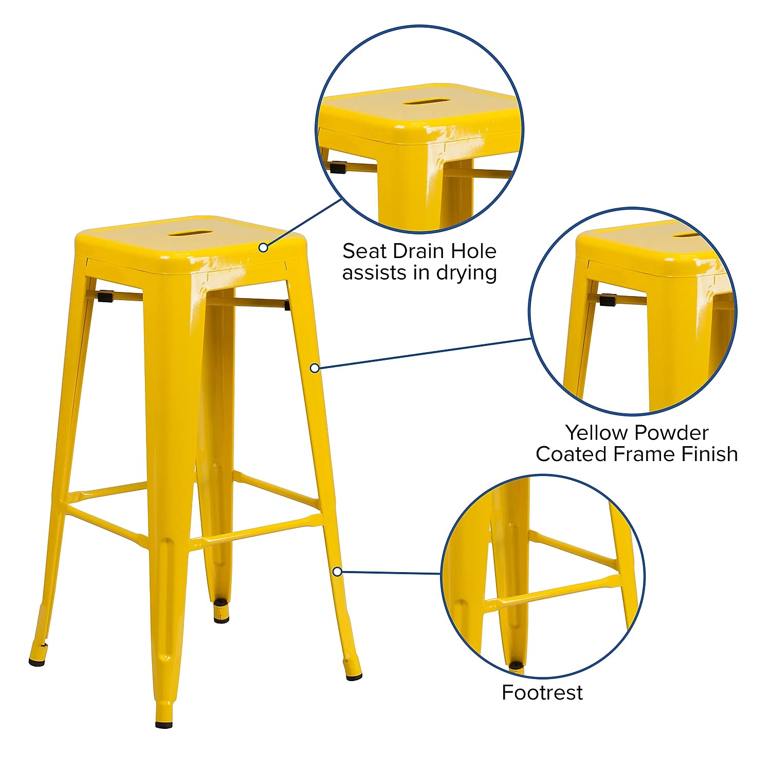 30 Inch High Backless Metal Indoor/Outdoor Barstool W/Square Seat, Yellow