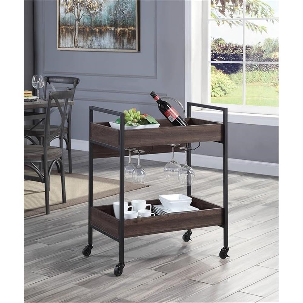 Acme Jerrick Wooden Serving Cart with 2 Shelves in Walnut and Black