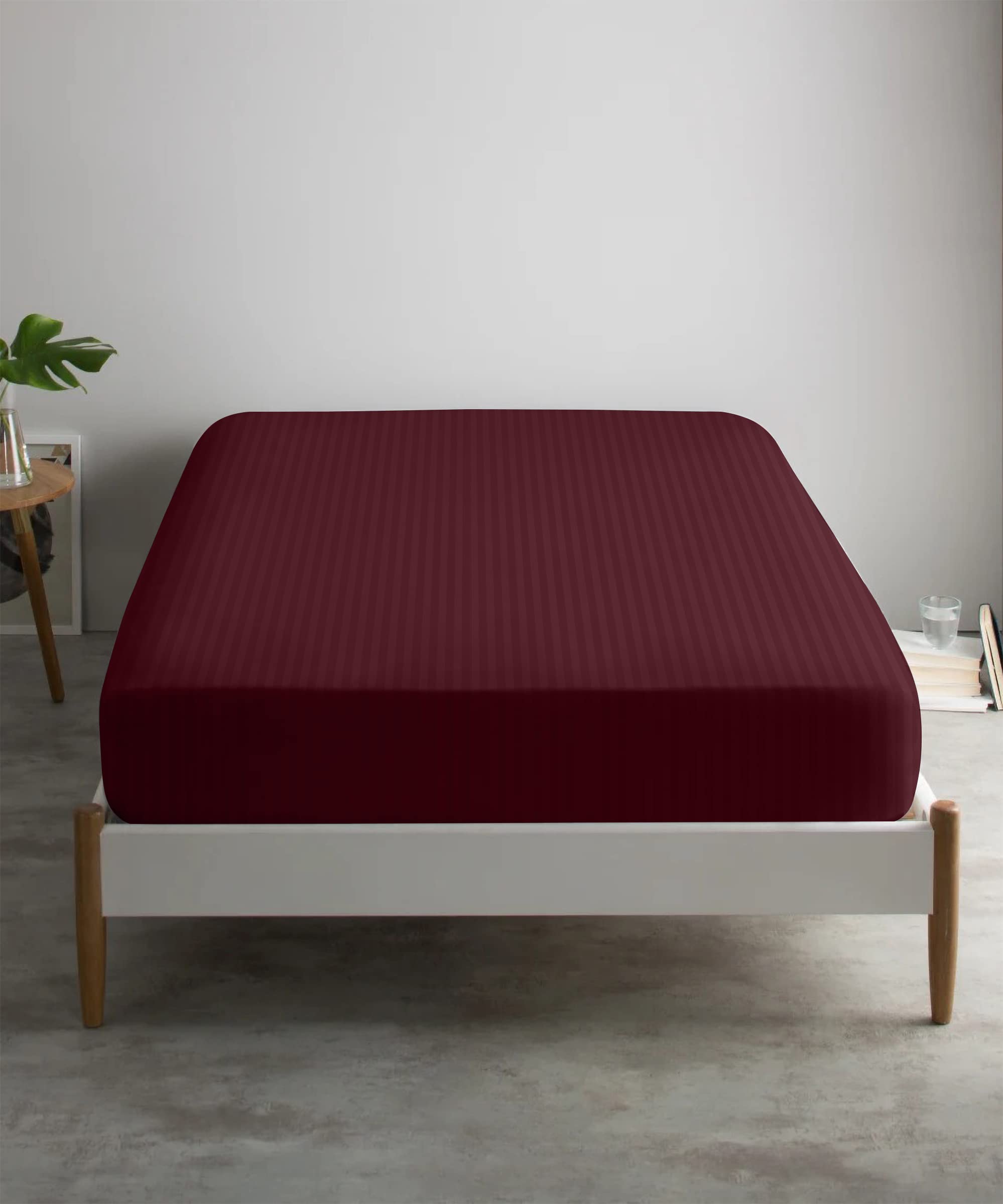 Feather & Stitch 100% Cotton 1 Piece Damask Stripe California King Fitted Sheet 500 Thread Count Burgundy 18' Extra Deep Pocket Luxury Sateen Weave Stretchable Boxer Elastic Fits Mattress Perfectly