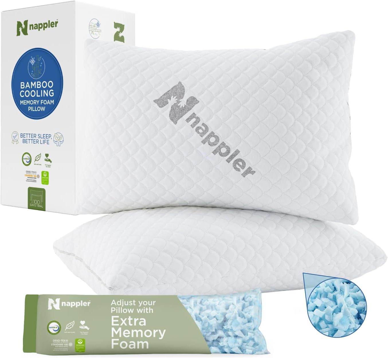 Nappler Cooling Pillow For Hot Sleepers -Bed Pillows Standard Size Premium Set Of 2 - Adjustable Shredded Memory Foam - Medium T