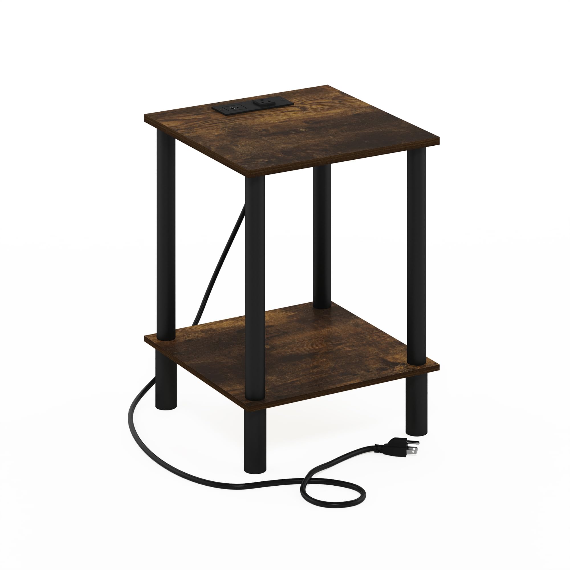 Furinno Turn-N-Tube 2-Tier Side Table, End Table with USB and Type-C Charging Port, Amber Pine/Black