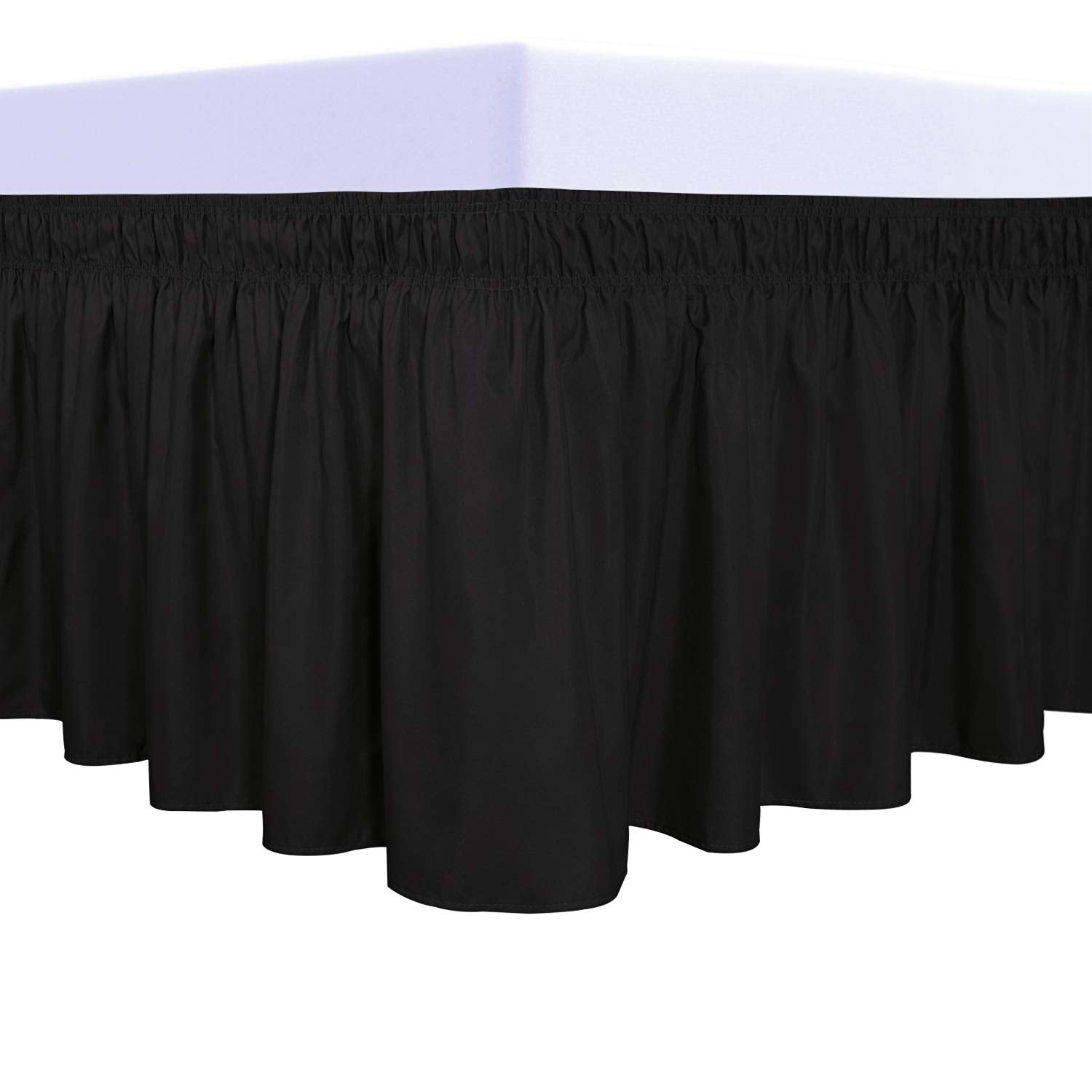 Purefit Wrap Around Ruffled Bed Skirt With Adjustable Elastic Belt - 22 Inch Drop Easy To Put On, Wrinkle Free Bedskirt Dust Ruffles, Bed Frame Cover For Queen, King And C-King Size Beds, Black