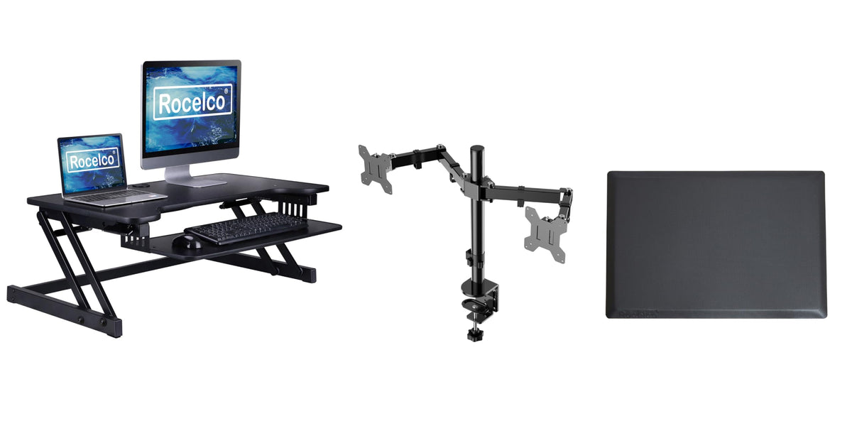 Rocelco 37.5&quot; Deluxe Height Adjustable Standing Desk Converter with Dual Monitor Mount and Anti Fatigue Mat BUNDLE - Sit Stand Up Computer Workstation Riser - Keyboard Tray - Black (R DADRB-DM2-MAF)