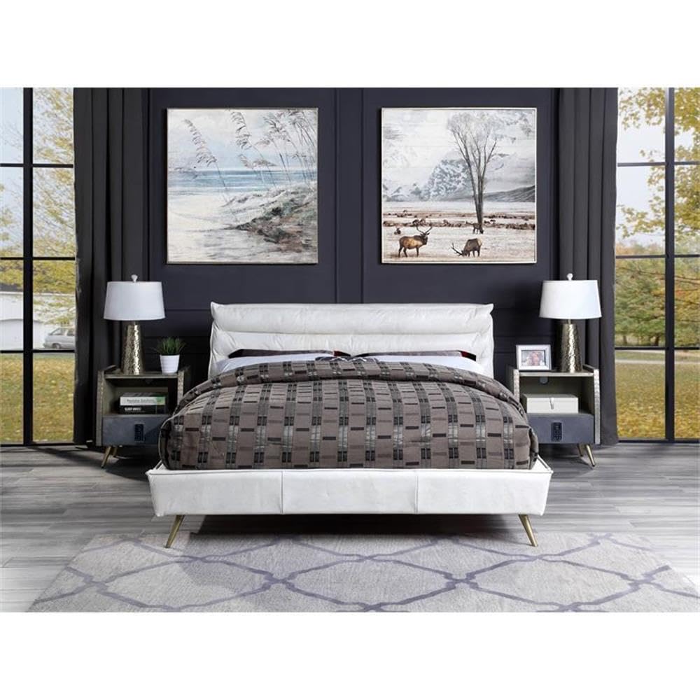 Acme Doris Top Grain Leather Upholstered Eastern King Bed in Vintage White