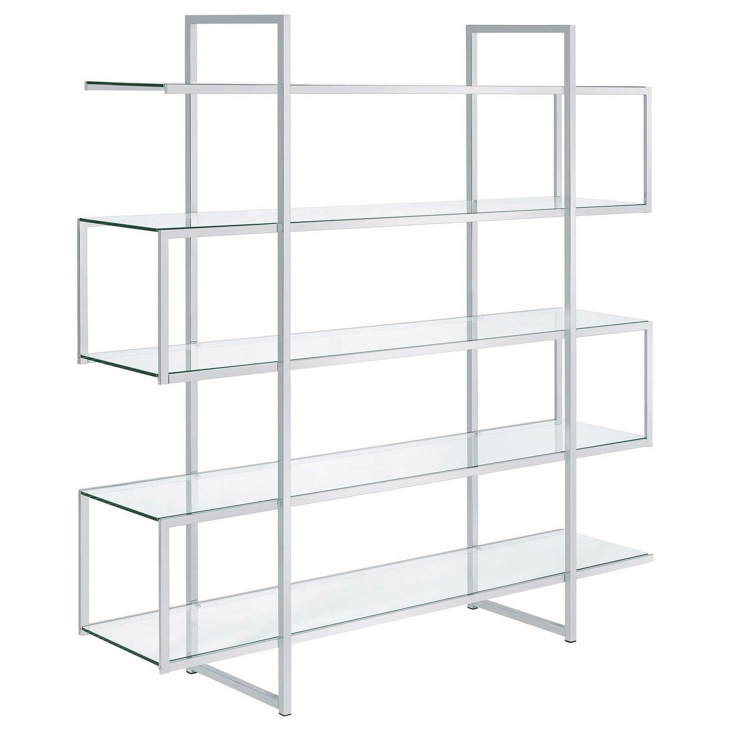 Coaster Furniture Modern Contemporary 5 Shelf Zig Zag Bookcase Etagere Metal Bookshelf Clear Tempered Glass Shelves Chrome 801304