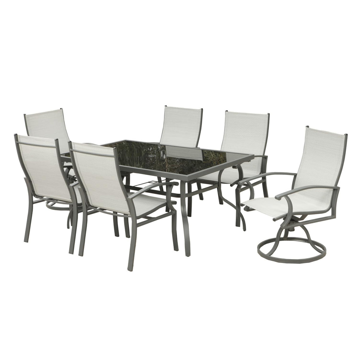 HomeRoots Seven Piece Black Rectangular Glass Dining Set with Six Chairs and Sideboard Included