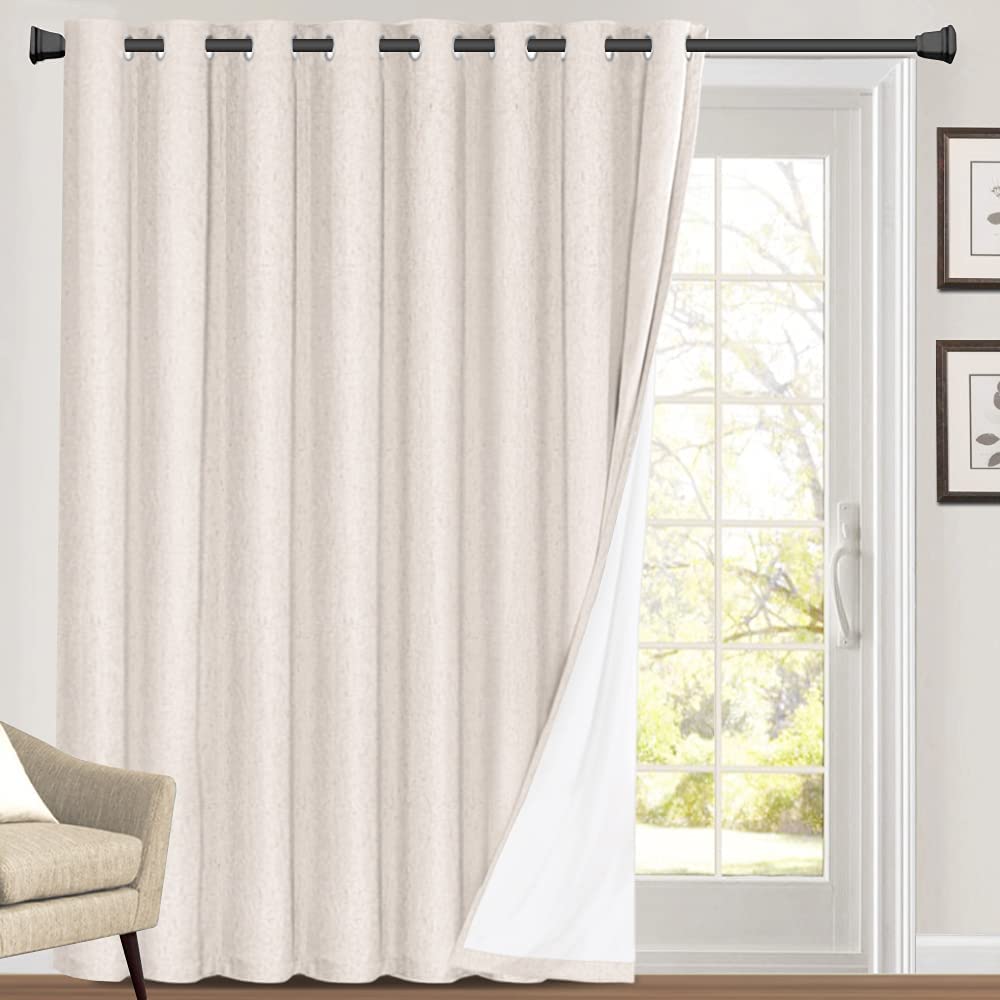 PrinceDeco 100% Blackout Linen Look Patio Door Curtain 108 Inches Long Extra Wide Thermal Insulated Grommet Curtain Drapes for L