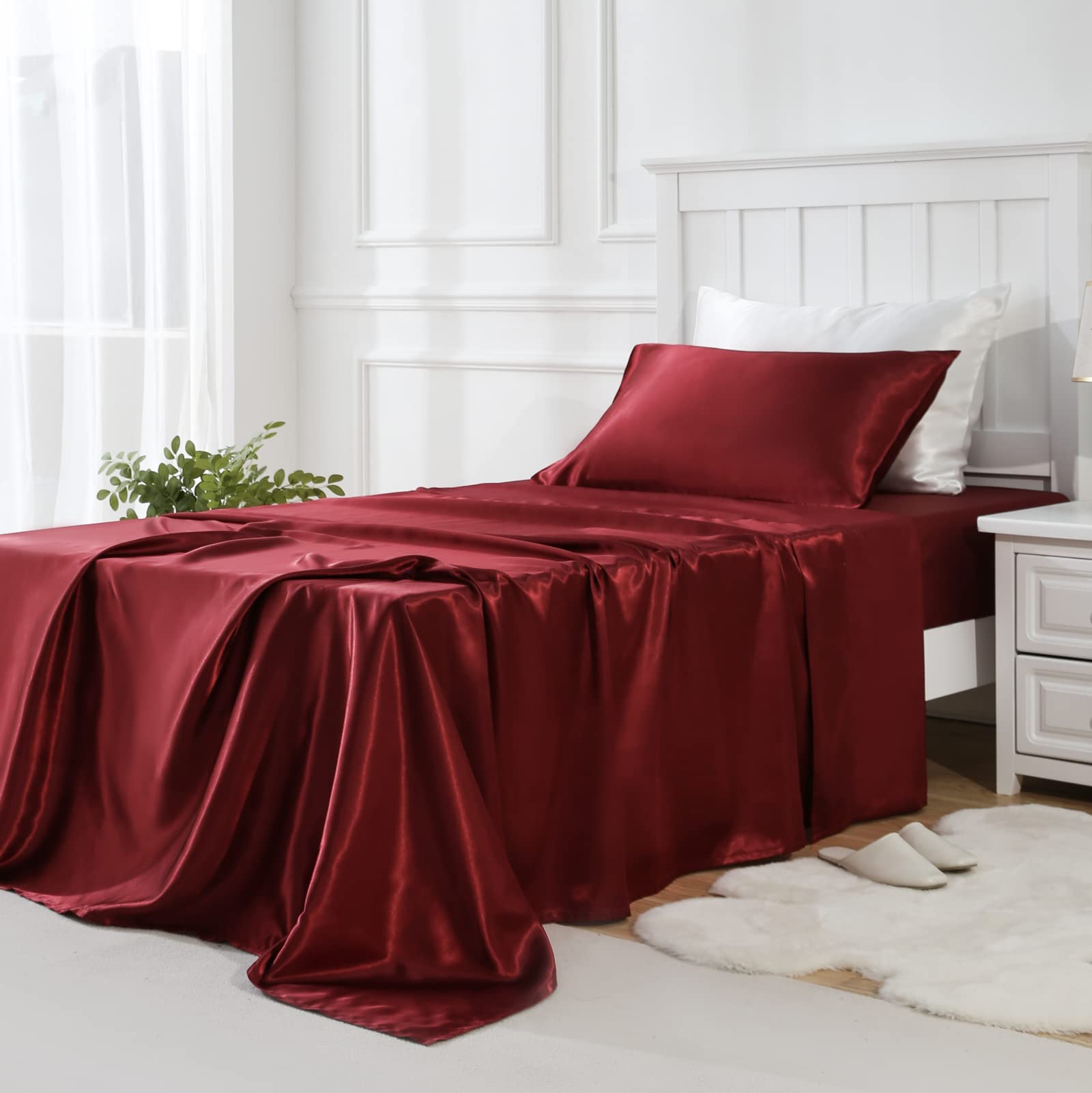 Golal Satin Sheets Twin Size - 3 Pieces Luxury Silky Soft Bed Sheets For Kids, Wrinkle-Free Burgundy Satin Silk Sheet Set With 1 Deep Pocket Fitted Sheet, 1 Flat Sheet, 1 Pillow Case