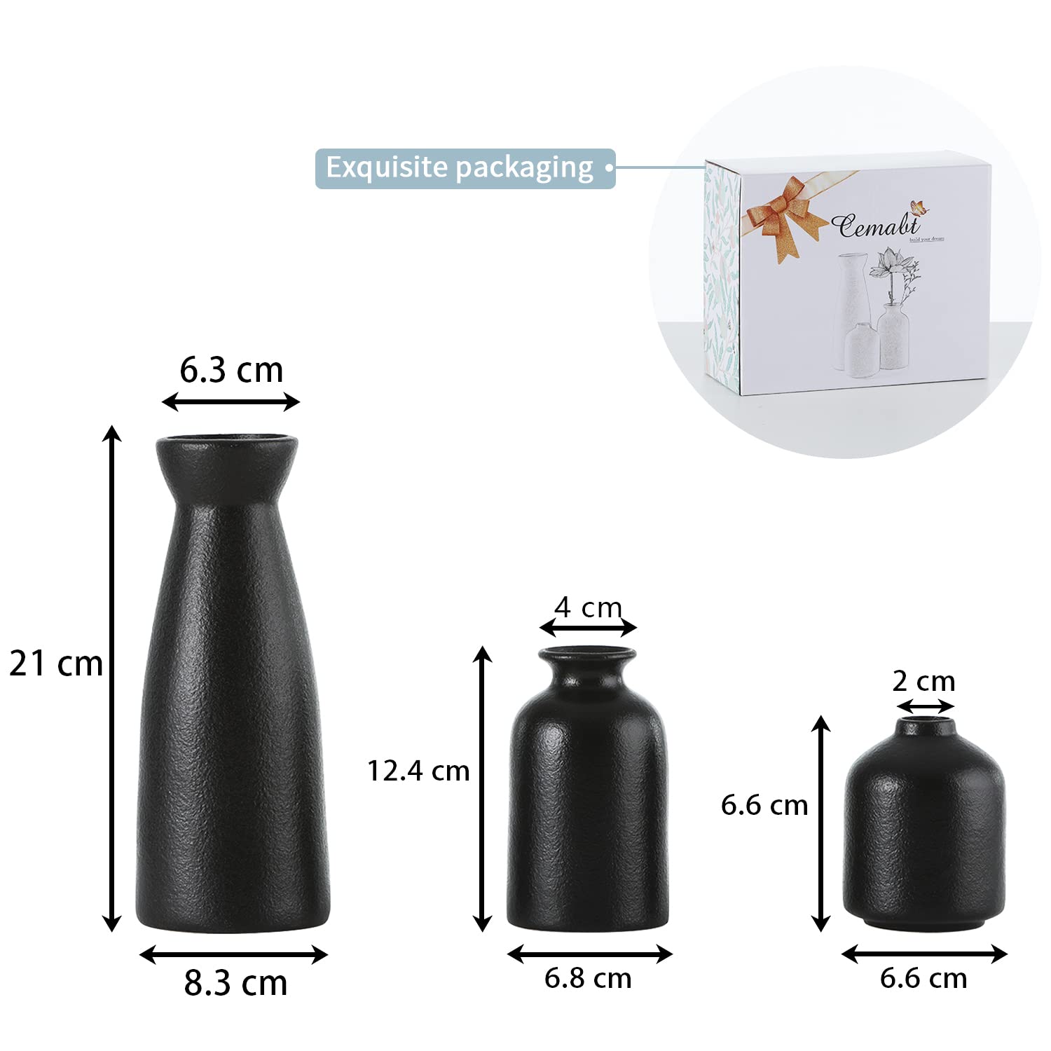 Cemabt Black Ceramic Vase Set-3 Small Flower Vases For Decor,Modern Boho Farmhouse Home Decor,Decorative Vase For Pampas Grass&D