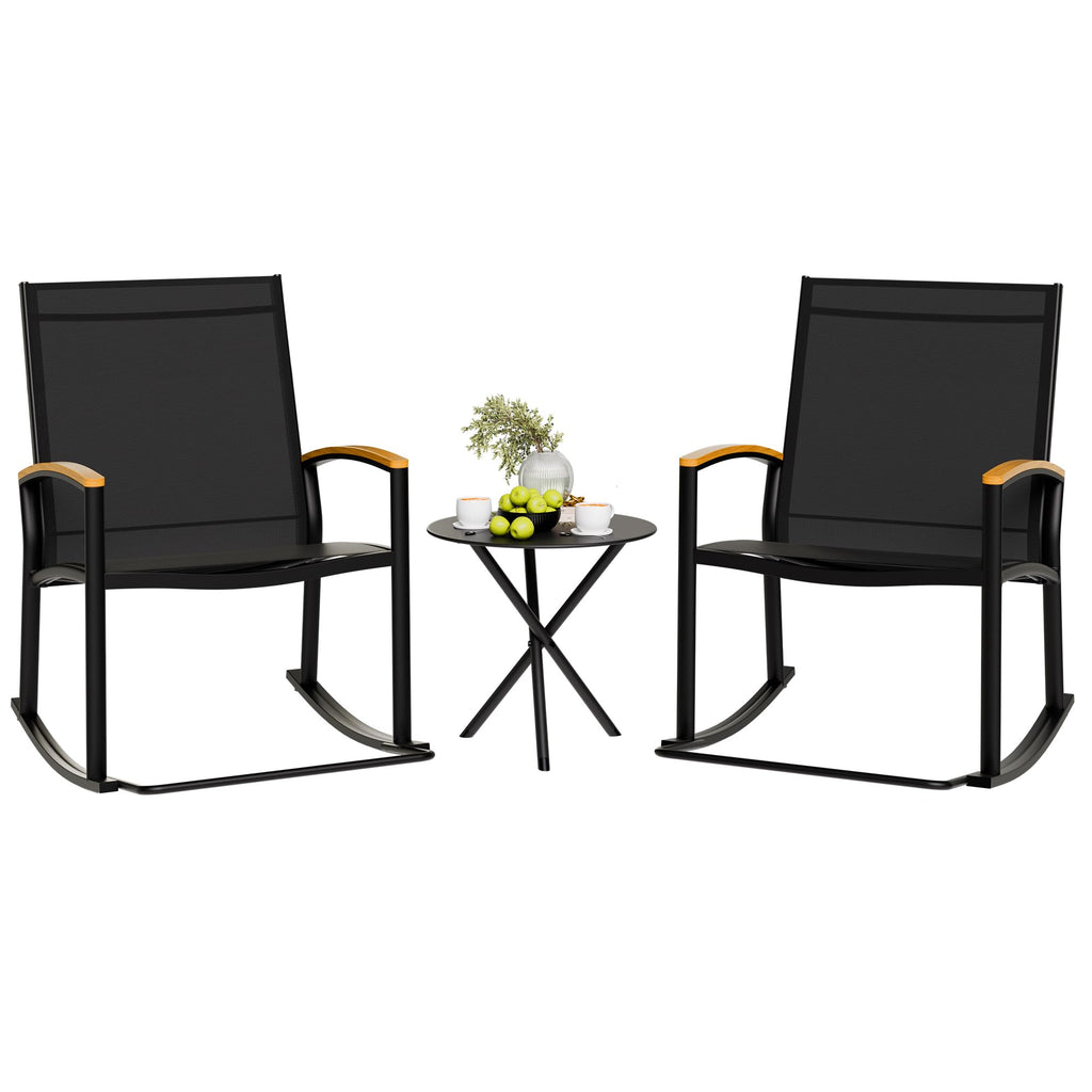 Shintenchi 3 Piece Outdoor Rocking Bistro Set, Textilene Fabric Small Patio Furniture Set, Front Porch Rocker Chairs Conversation Set With Table For Lawn, Garden, Balcony, Poolside (Black)