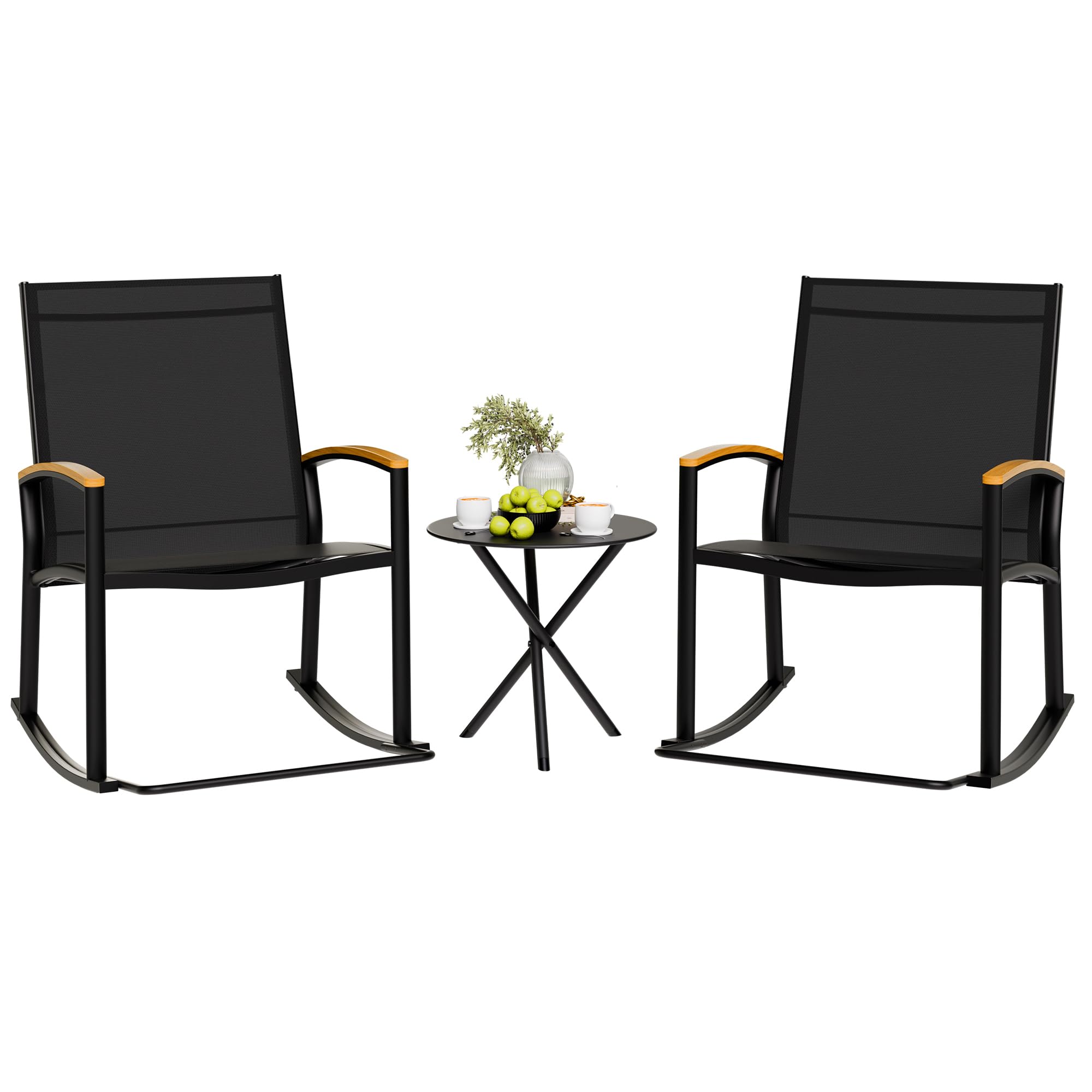 Shintenchi 3 Piece Outdoor Rocking Bistro Set, Textilene Fabric Small Patio Furniture Set, Front Porch Rocker Chairs Conversation Set With Table For Lawn, Garden, Balcony, Poolside (Black)