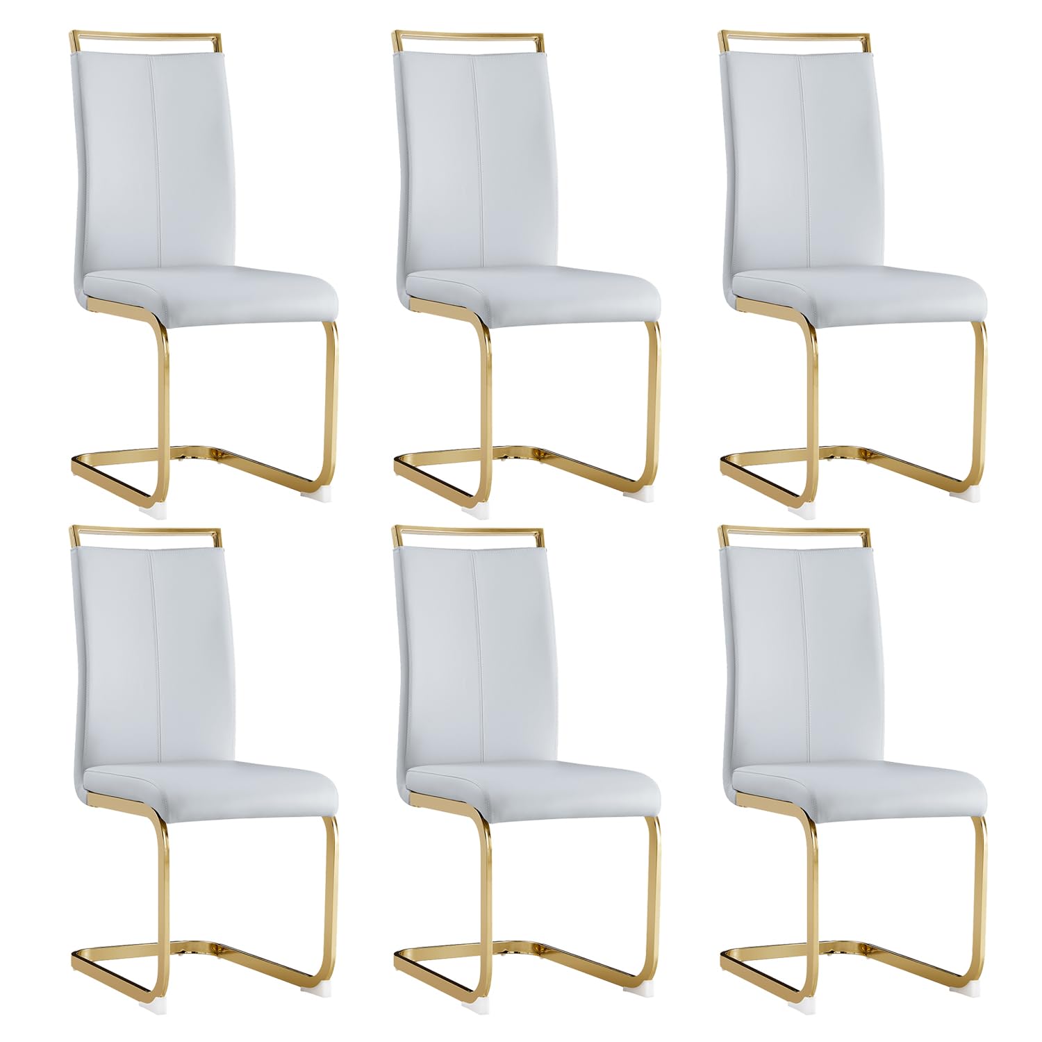 Gopop Modern Dining Chairs Set Of 6,High Back Light Grey Kitchen Chairs,Faux Leather Side Chair With Gold Plated Metal Legs,Easy