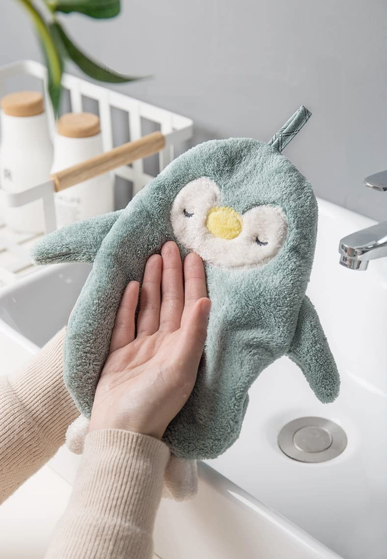 Krupanidhi Cute Penguin Shape Chenille Hand Towels with Hanging Loops Quick Dry Hand Bath Towel Children Hand Towel for Kitchen,