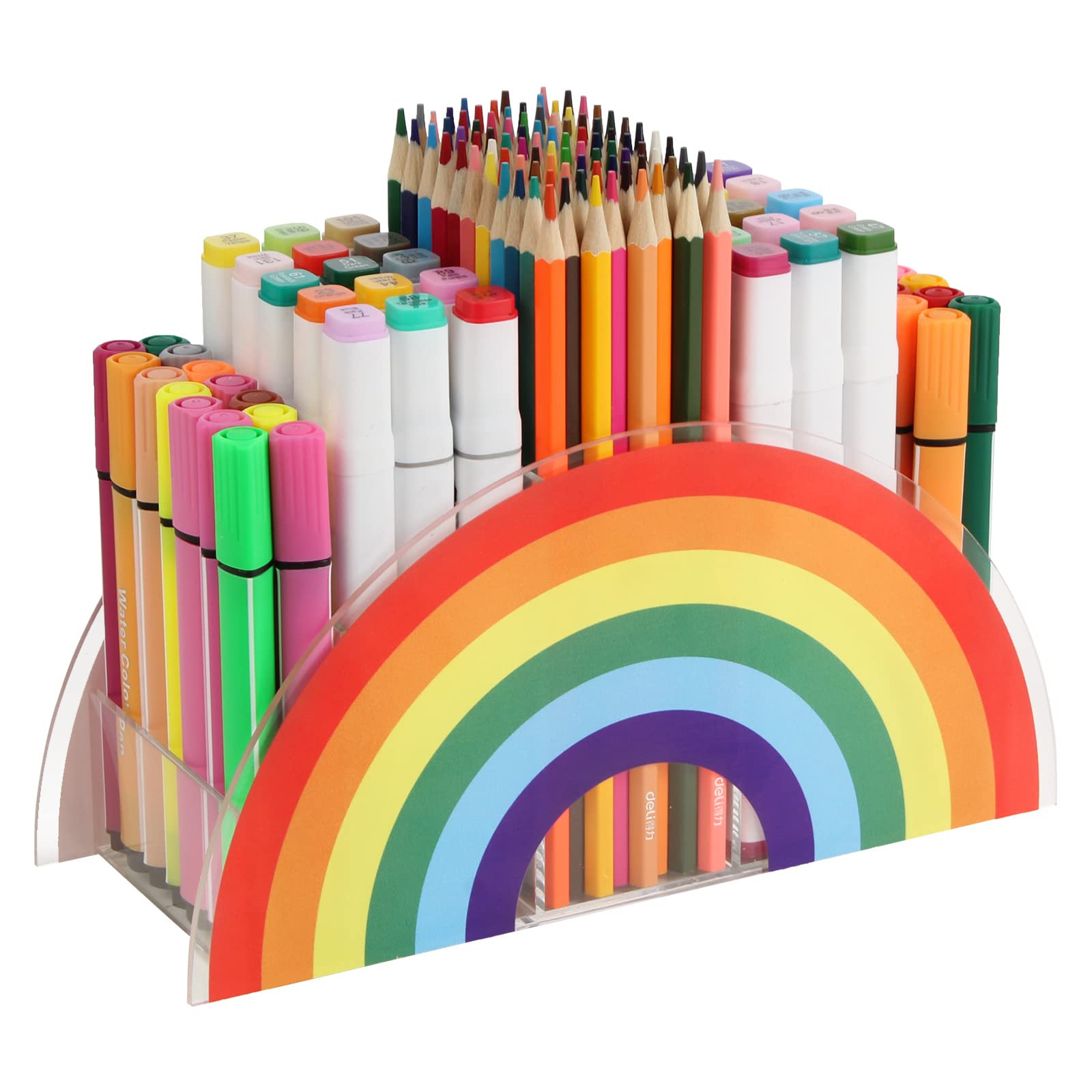 Flytreal Acrylic Pen Pencil Holder Clear Desk Organizer, Rainbow Home Office Desk Organizer Pen Storage Stand, Corner Desktop St