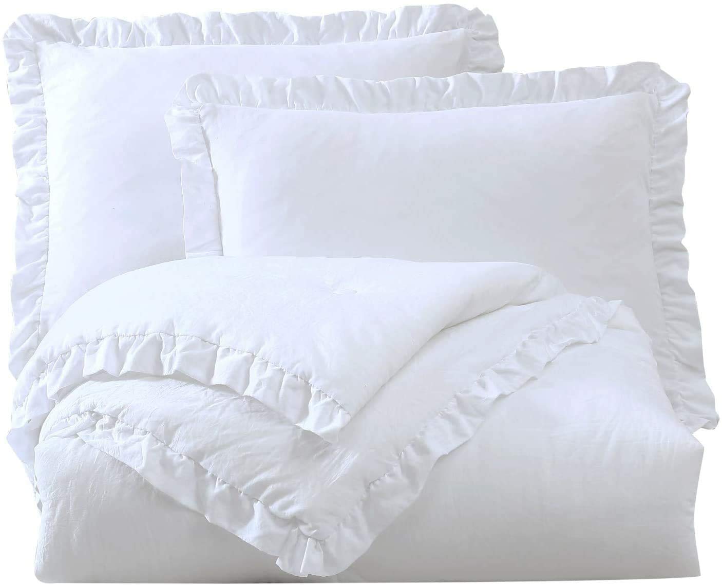Chezmoi Collection Nora 2-Piece Ruffled Edge Trim Soft Washed Microfiber Comforter Set (Twin, White)