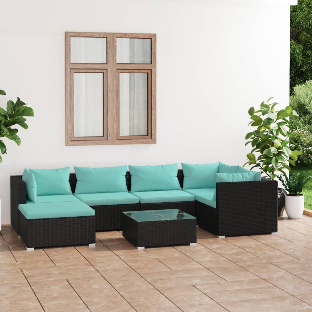 vidaXL 7-Piece Patio Lounge Set - Modular Outdoor Seating with Thick Padded Cushions, PE Rattan and Powder-Coated Steel Frame, Black & Water Blue