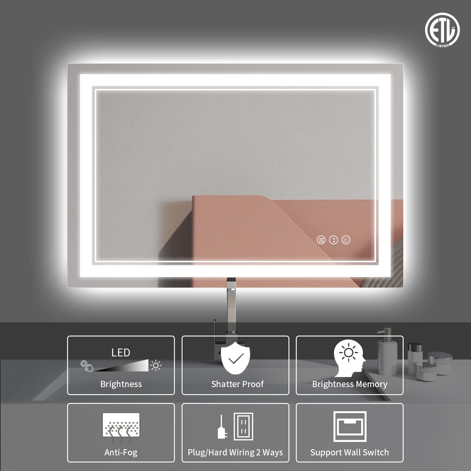 Istripmf 48X32 Inch Led Bathroom Mirror, Front Light And Backlit Anti-Fog Dimmable Memory Lighted Vanity Mirror, Shatterproof Wa