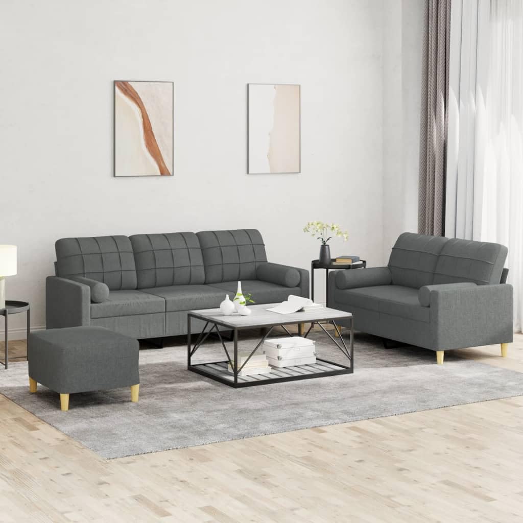 vidaXL Dark Gray 3 Piece Sofa Set - Modern Comfortable Fabric Seating with Pillows and Footstool - Ideal for Living Room, Lounge Area, Indoor Furniture