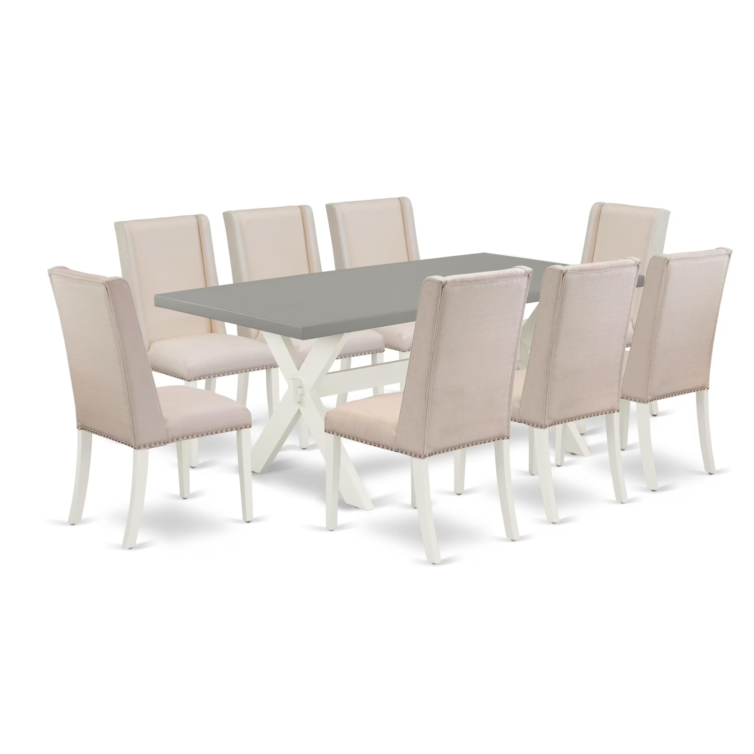 East West Furniture X097Fl201-9 9 Piece Kitchen Table Set Includes A Rectangle Dining Table With X-Legs And 8 Cream Linen Fabric Parson Dining Chairs, 40X72 Inch, Multi-Color