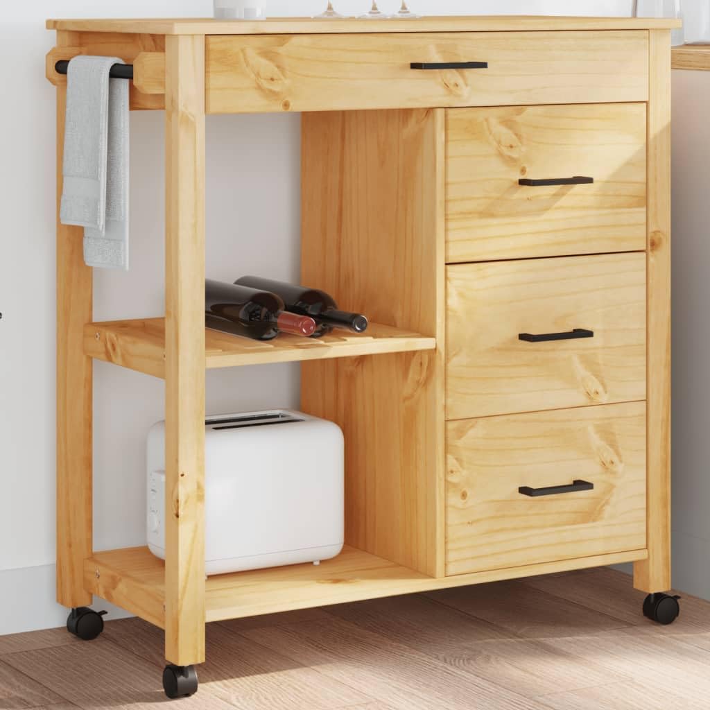 vidaXL Rolling Kitchen Trolley on Wheels - Solid Wood Pine, 4 Drawers, 2 Shelves, Honey Wax Finish, 33.1"x15.7"x35.4", Multipurpose Cart