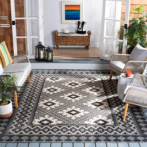 Safavieh Veranda Collection 9' X 12' Ivory/Charcoal Ver099 Boho Indoor/ Outdoor Non-Shedding Easy Cleaning Patio Backyard Porch