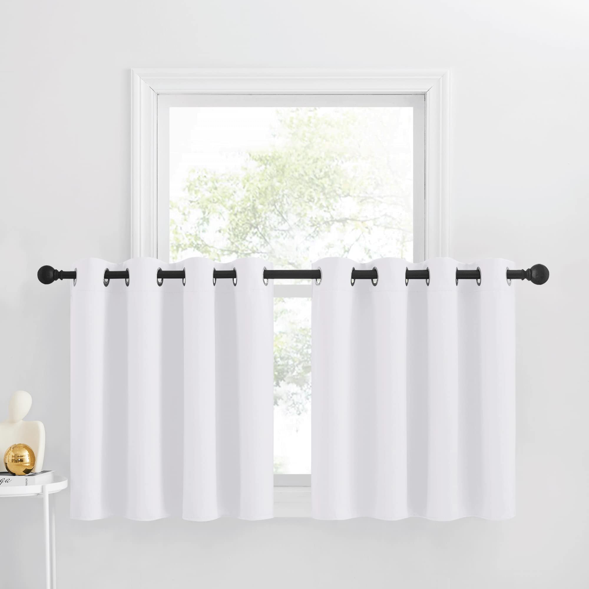 Nicetown Pure White Small Window Tiers Curtain Panels, 30 Inch Long Grommet Home Fashion Curtain Valances For Bathroom/Basement Windows/Thanksgiving, 52' Wide Per Panel, 2 Panels