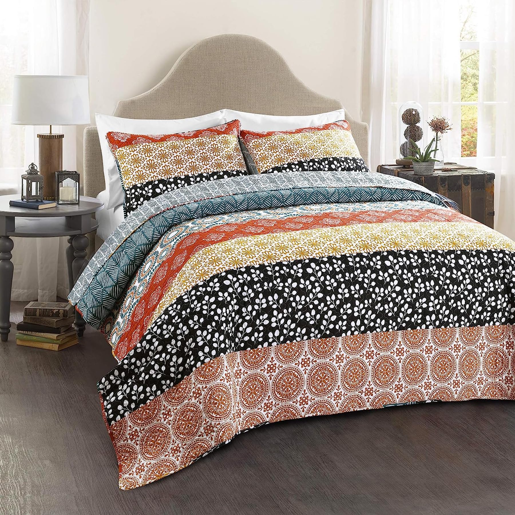 Lush Decor Bohemian Stripe Reversible Cotton Quilt Set, 3 Piece Set, King, Turquoise & Orange - Boho Bedding Set - Bold & Colorf