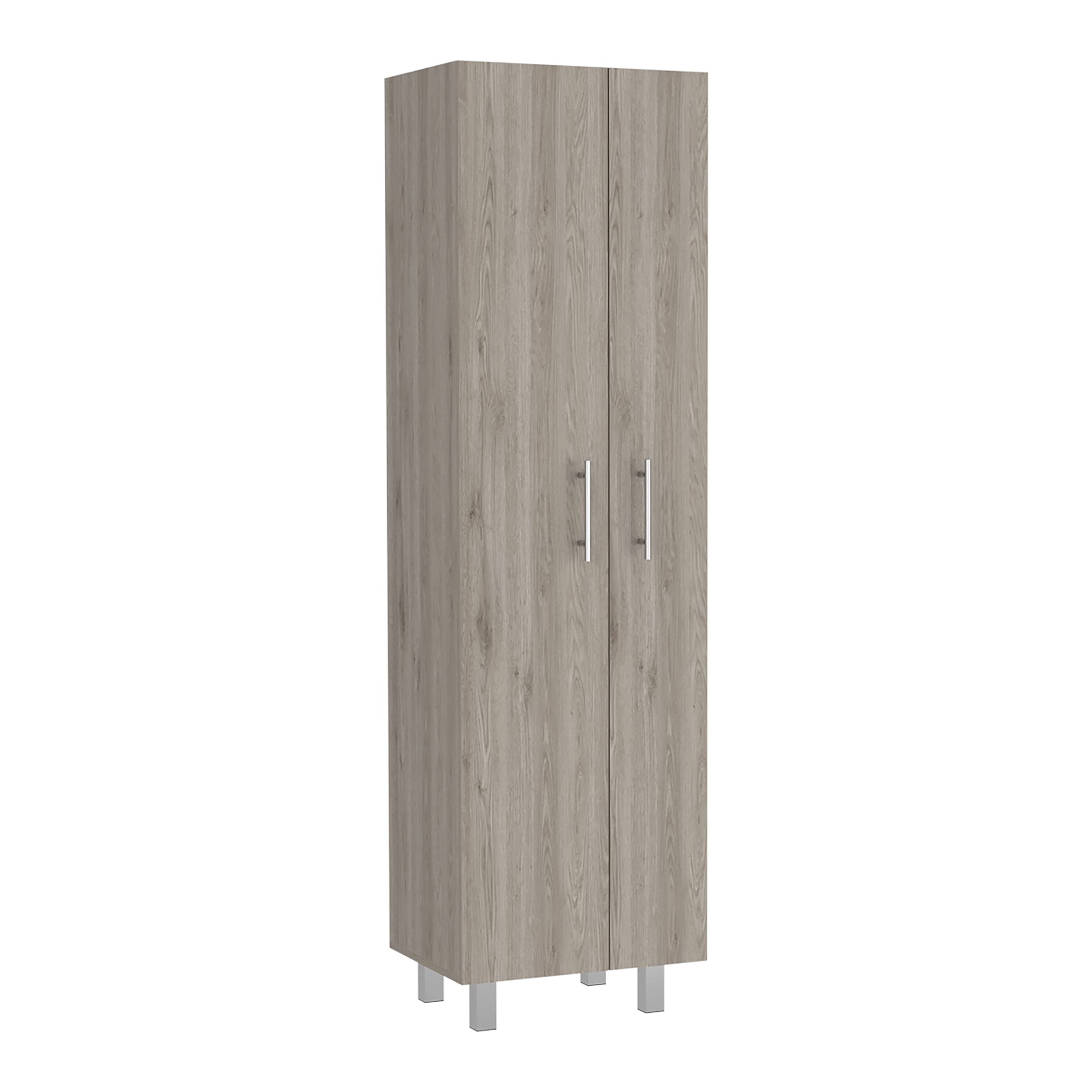 Depot E-Shop Bacoa Cleaning Cabinet with Five Shelves and Broom Hangers, 71.3" H, Light Gray/White, Bedroom