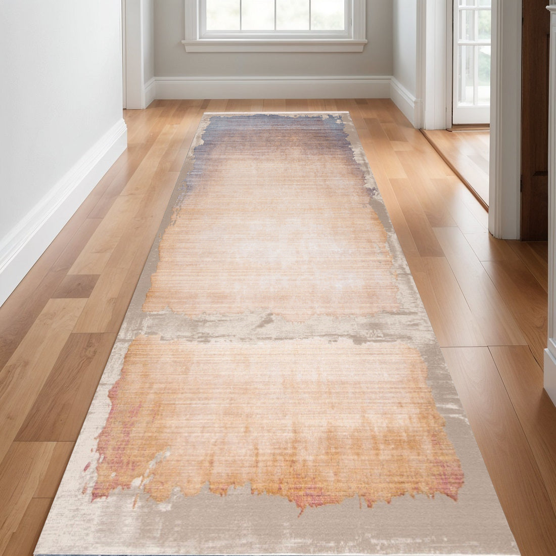 14 Beige Blue And Brown Abstract Runner Rug