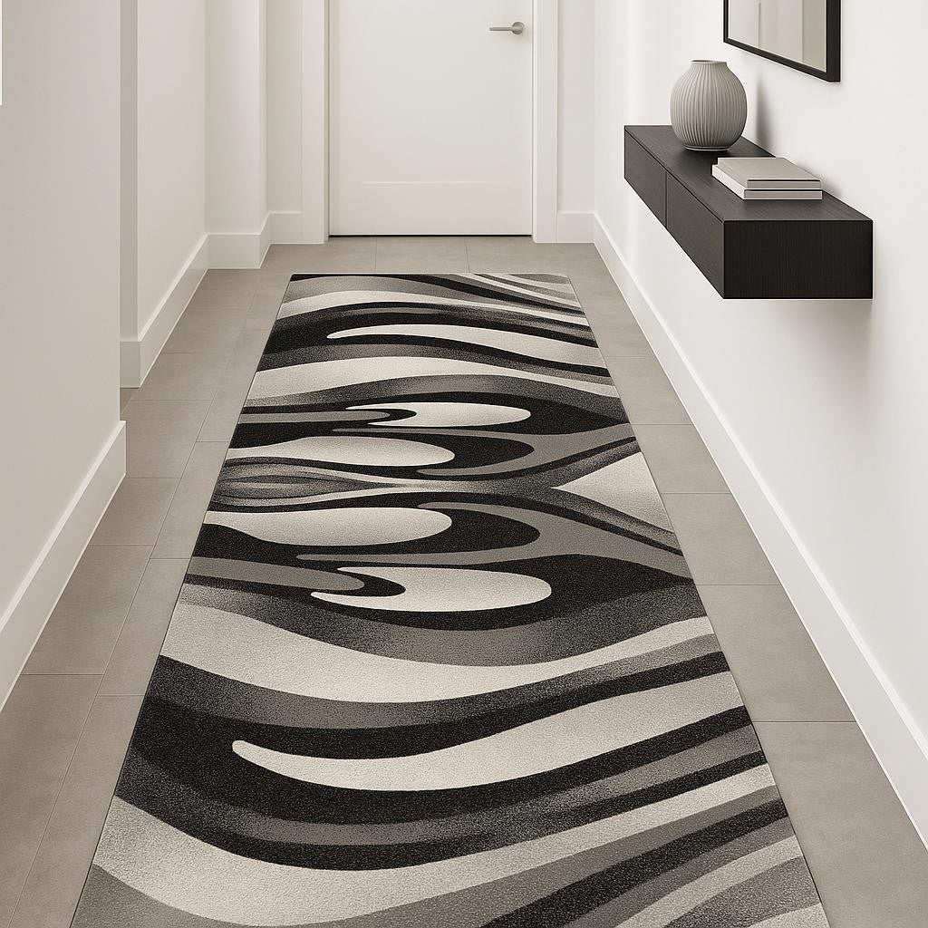18 Black And Gray Abstract Runner Rug