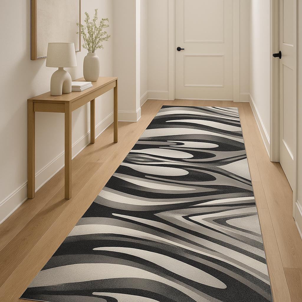 11 Black And Gray Abstract Runner Rug