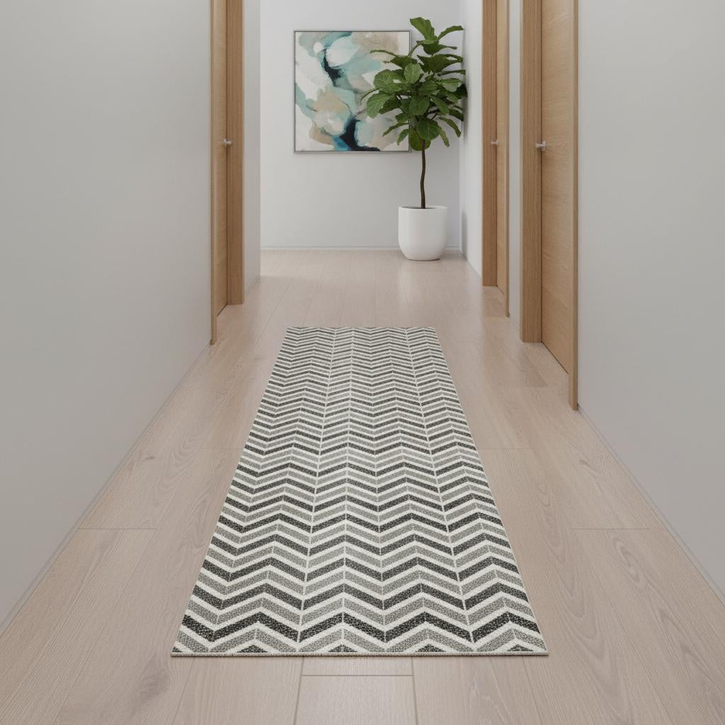 16 Gray And Beige Geometric Runner Rug