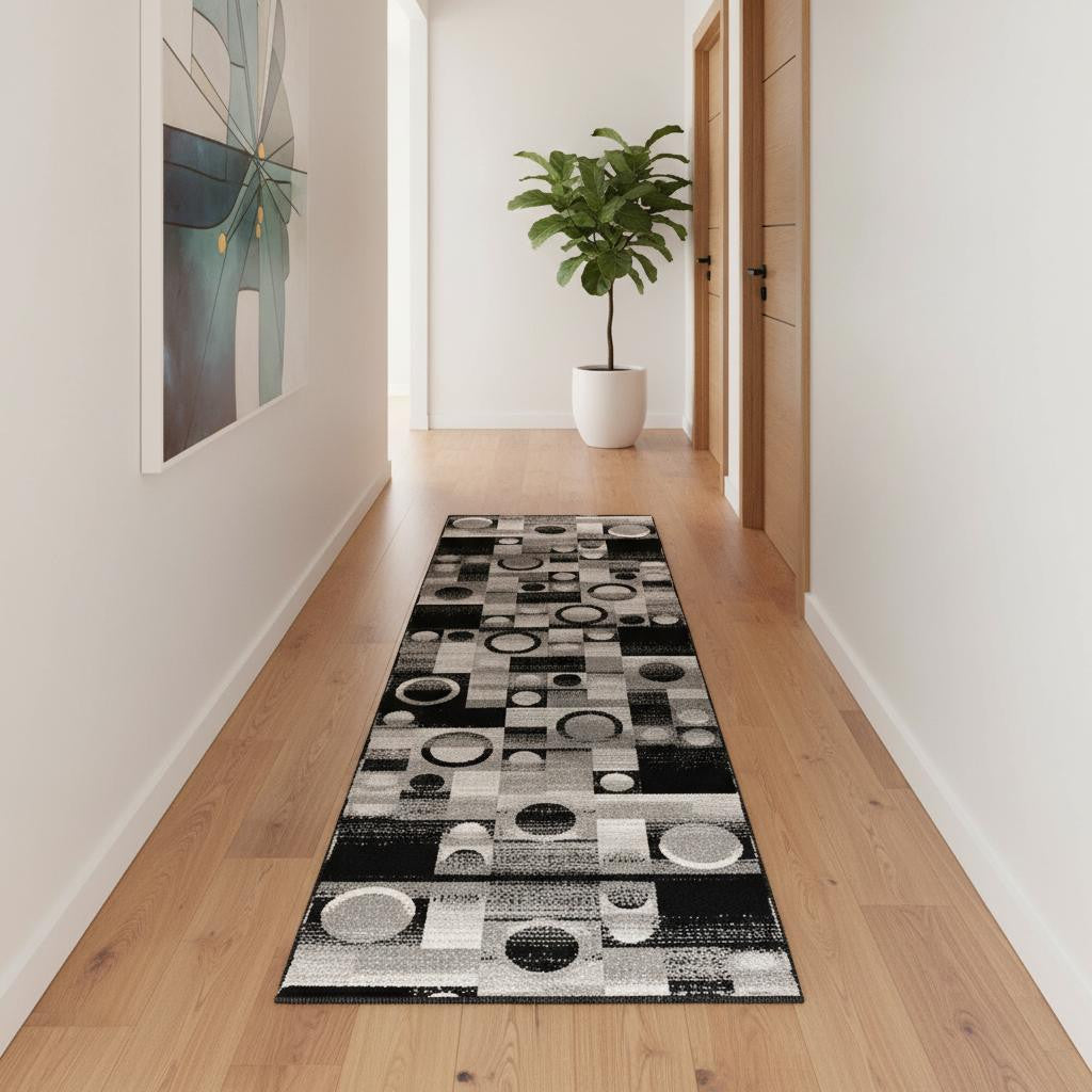 14 Black And Gray Geometric Runner Rug