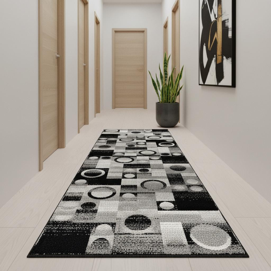 11 Black And Gray Geometric Runner Rug