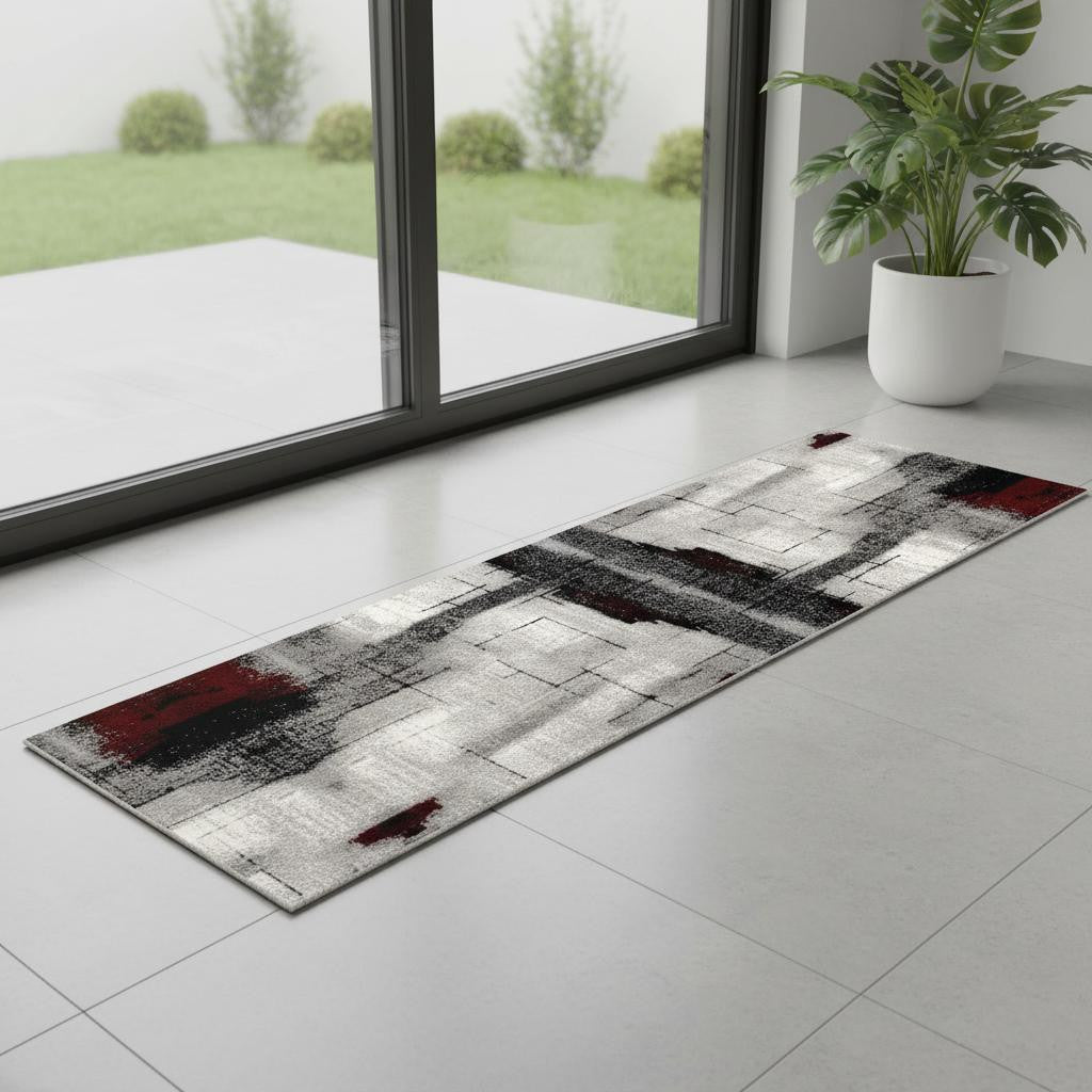 7 Gray And Red Abstract Runner Rug
