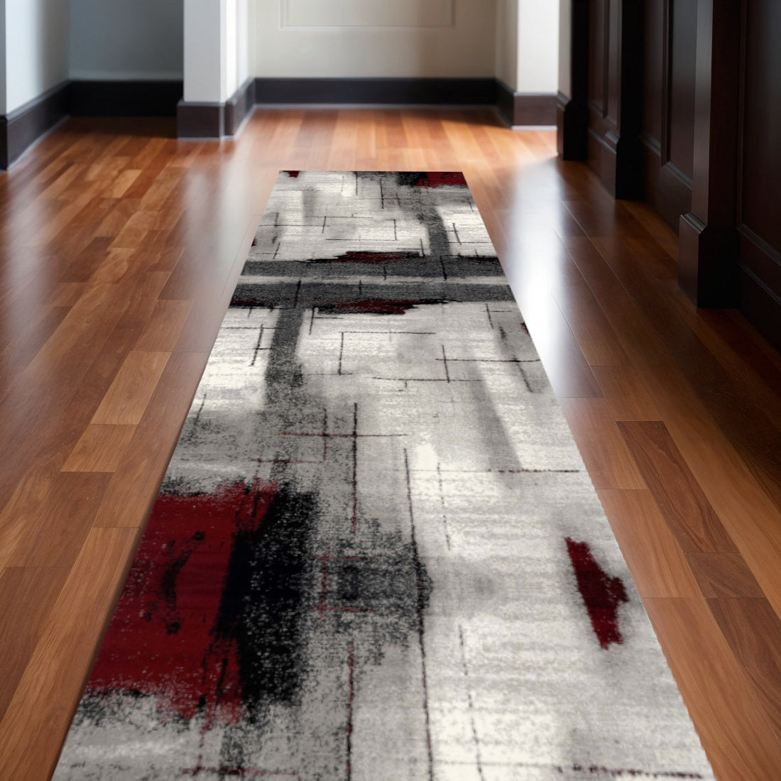 2 X 30 Gray And Red Abstract Area Rug