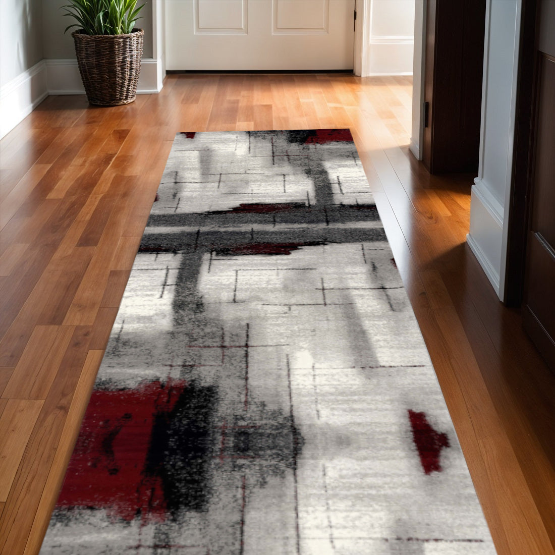 19 Runner Gray And Red Abstract Runner Rug