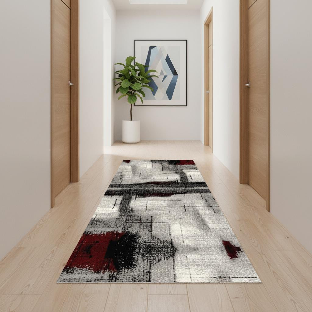 16 Gray And Red Abstract Runner Rug