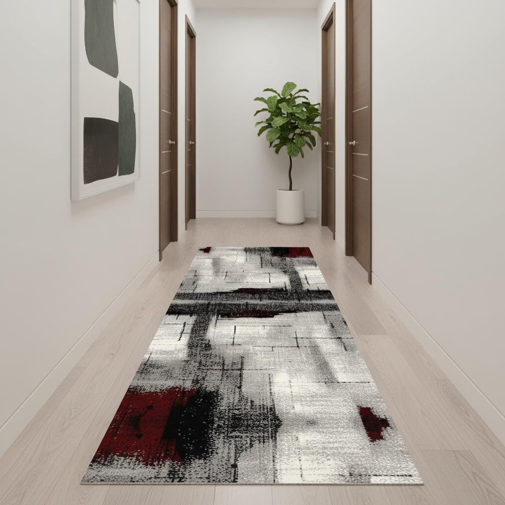 14 Gray And Red Abstract Runner Rug