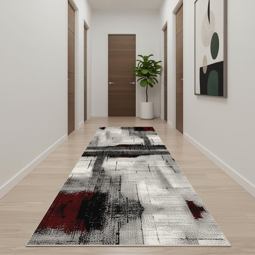 11 Gray And Red Abstract Runner Rug