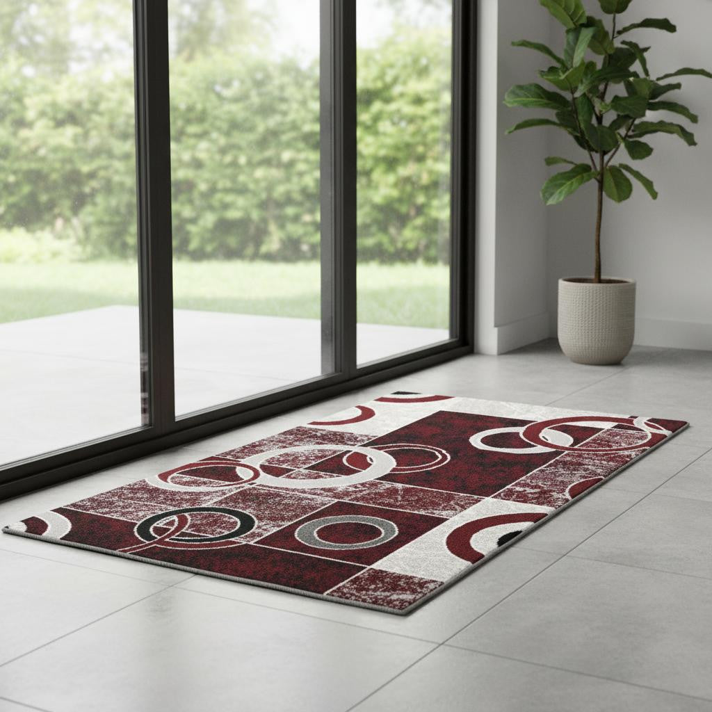 7 Red And Gray Geometric Runner Rug