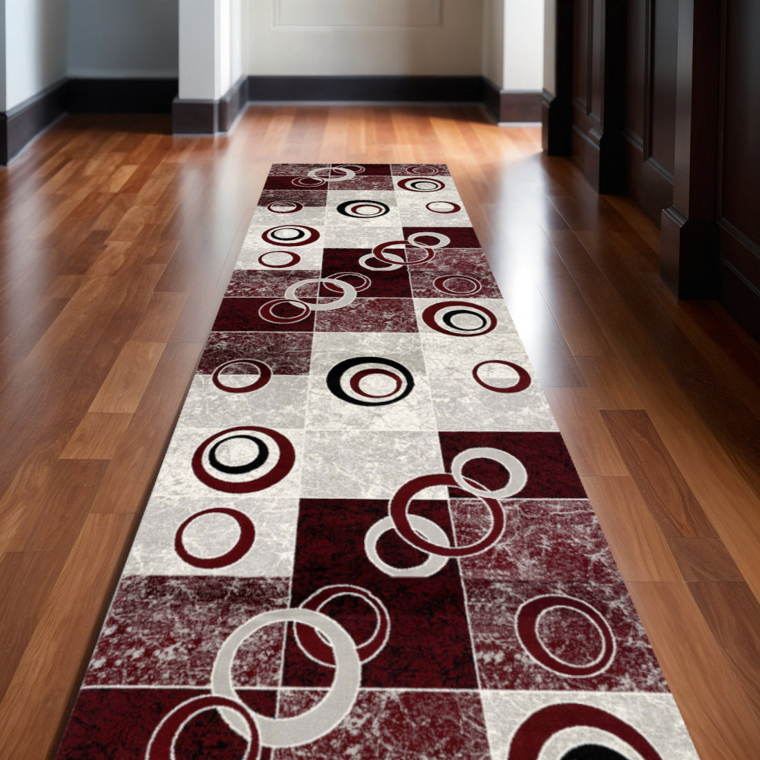 2 X 30 Red And Gray Geometric Area Rug