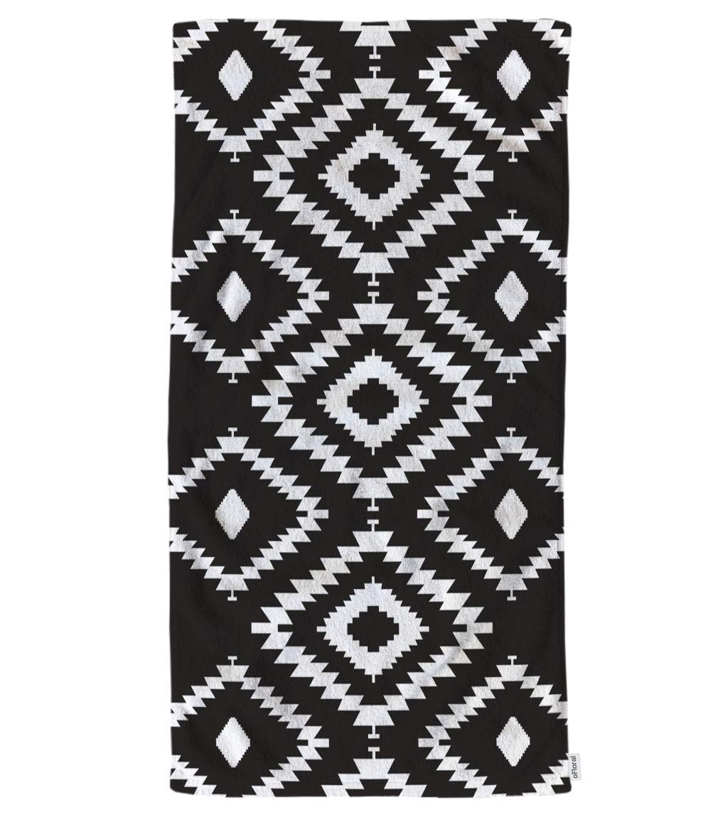 oFloral Hand Towels Cotton Washcloths Black White Repeating Geometric Tiles with Dotted Rhombus Comfortable Super-Absorbent Soft