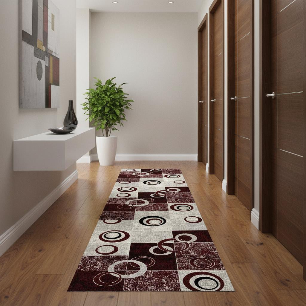 16 Red And Gray Geometric Runner Rug