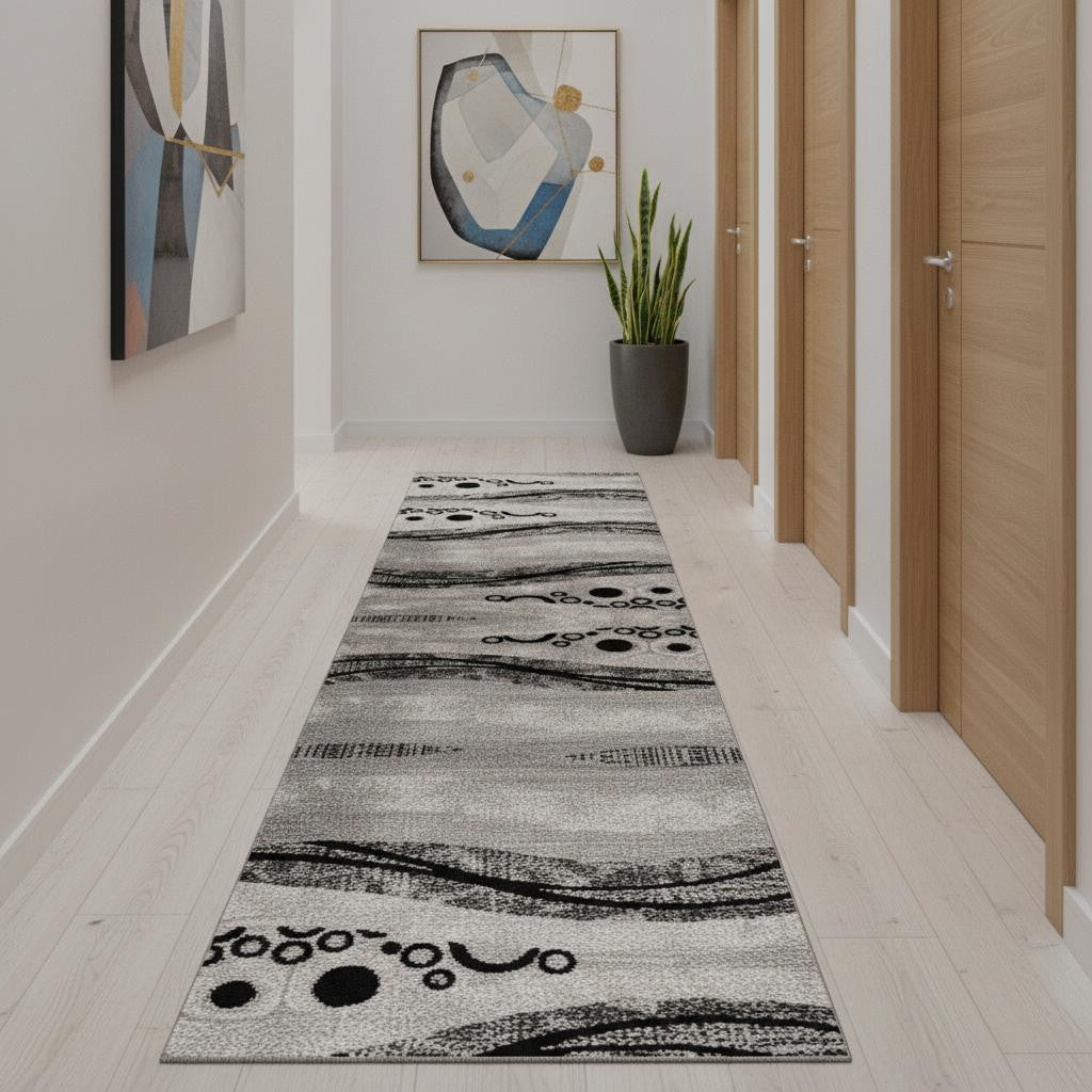 11 Gray And Black Geometric Runner Rug