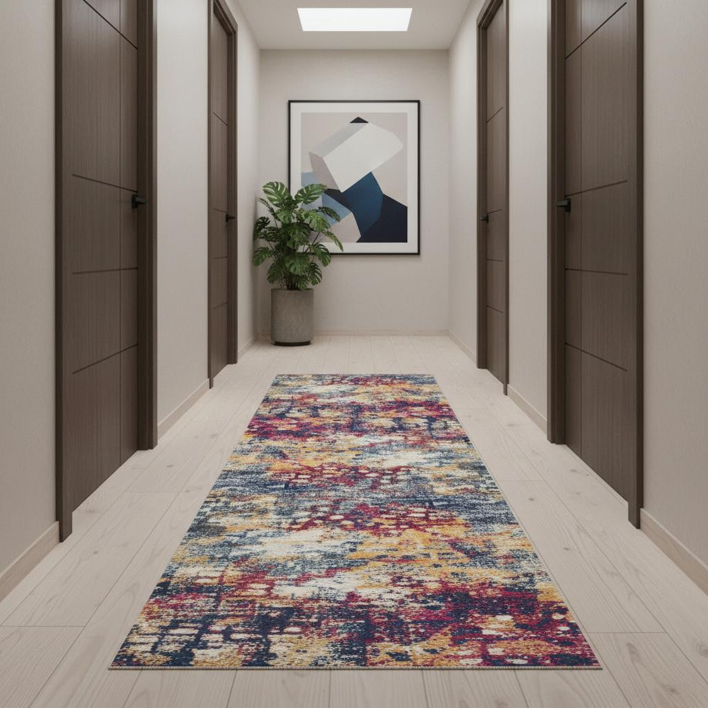 14 Yellow And Blue Abstract Runner Rug