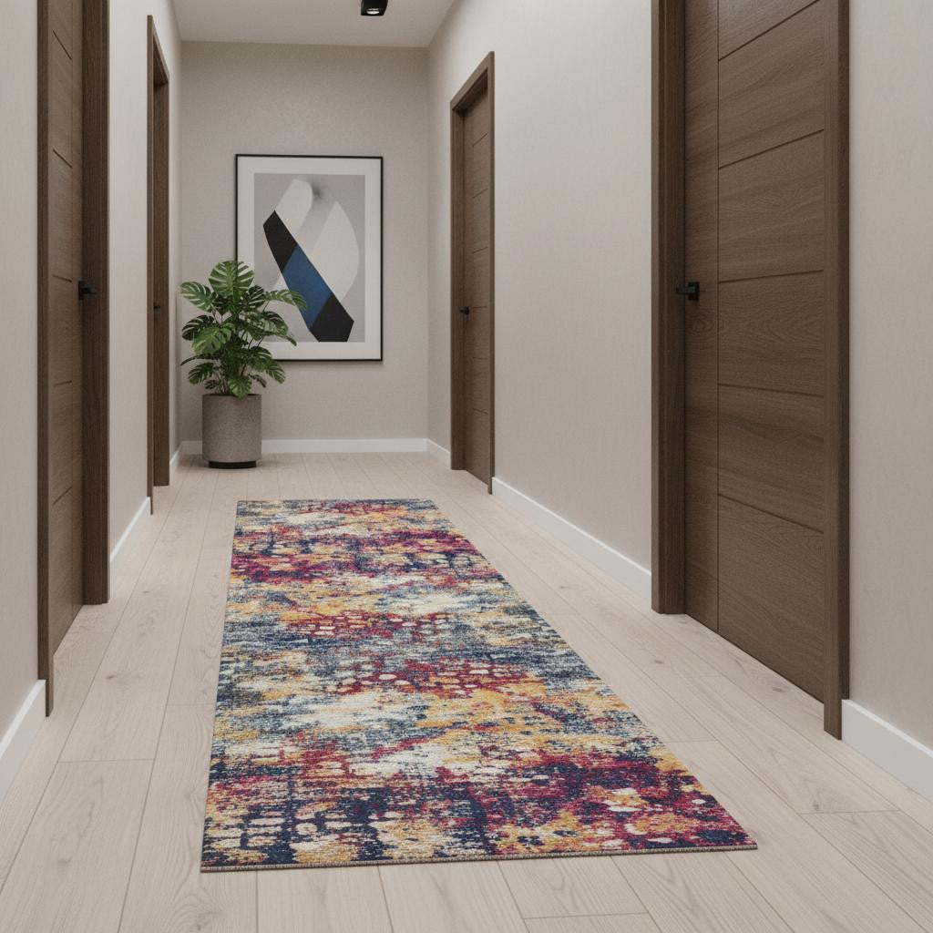 11 Yellow And Blue Abstract Runner Rug