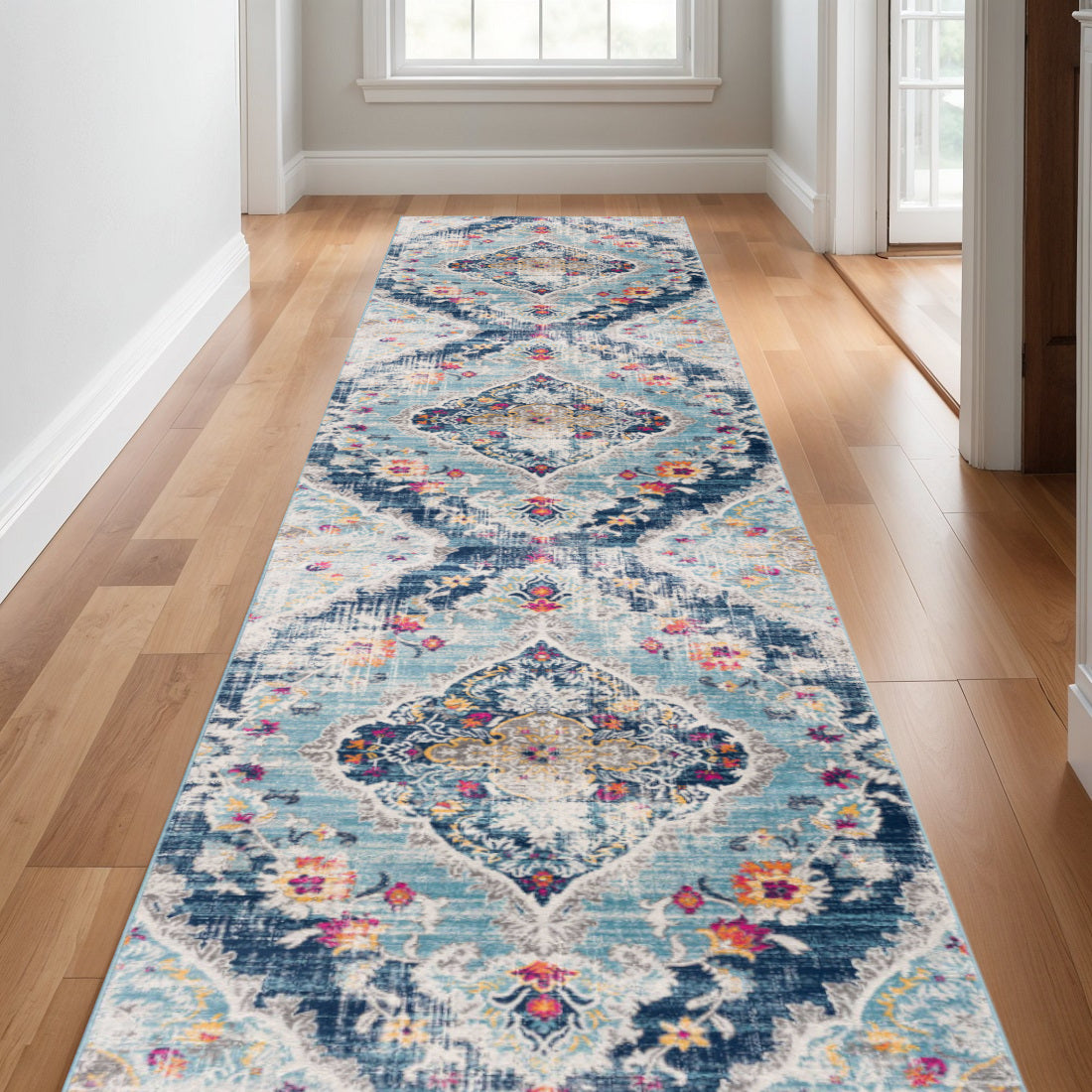 11 Blue Gray And Pink Oriental Runner Rug