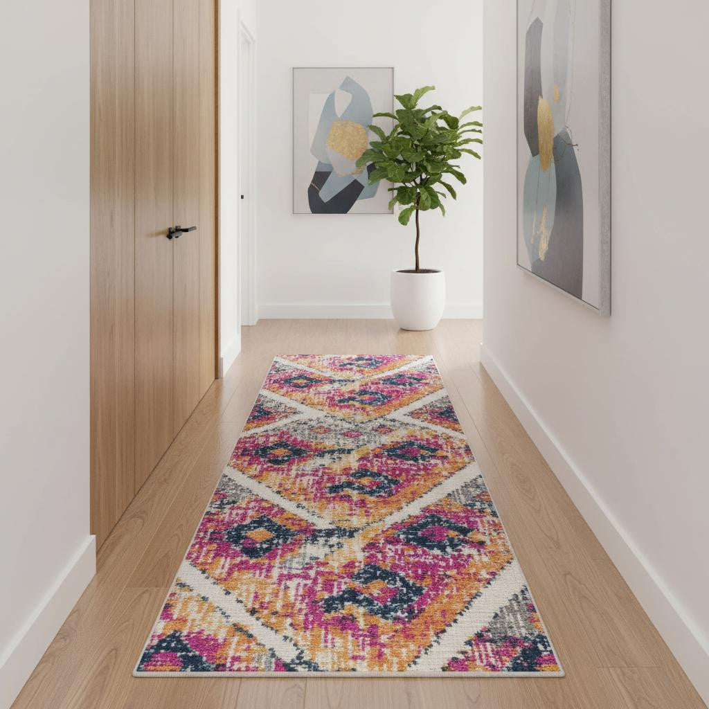16 Yellow And Beige Abstract Runner Rug